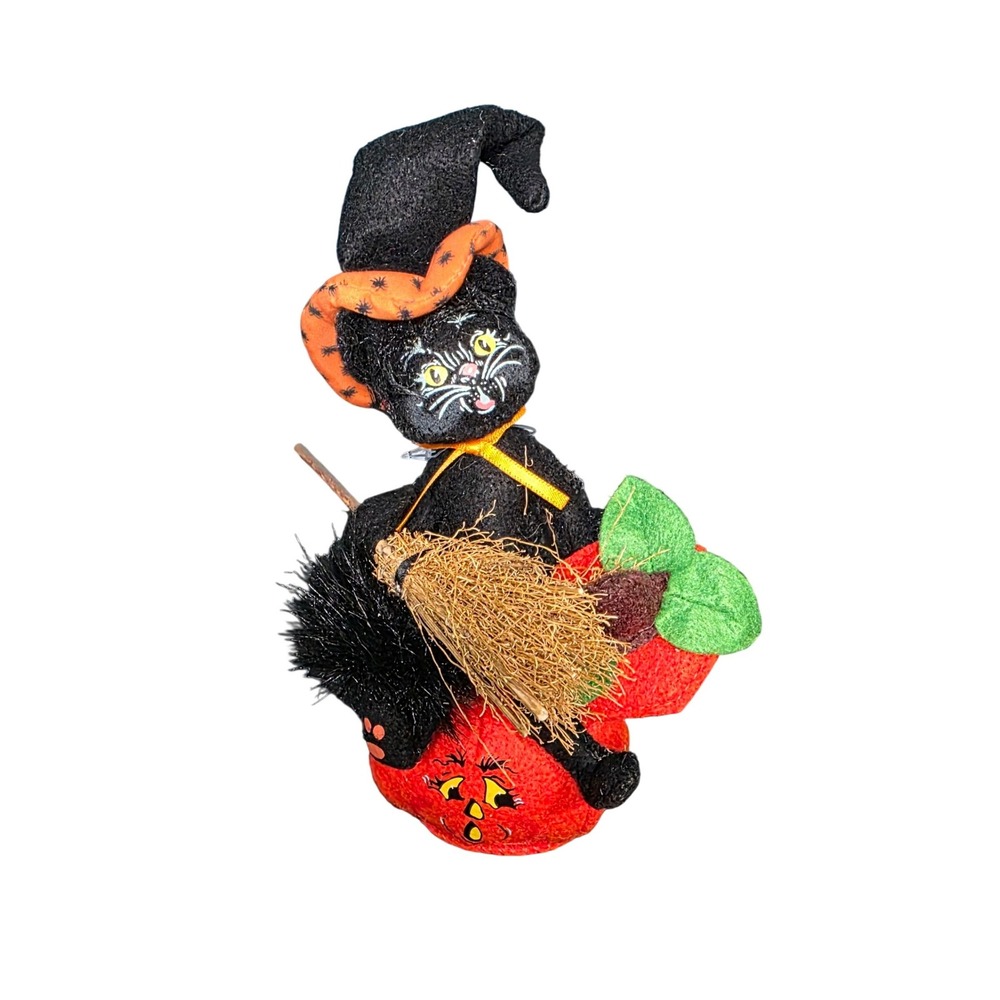 Annalee Halloween Black Cat on Pumpkin Witch Hat Broom Figurine Decor